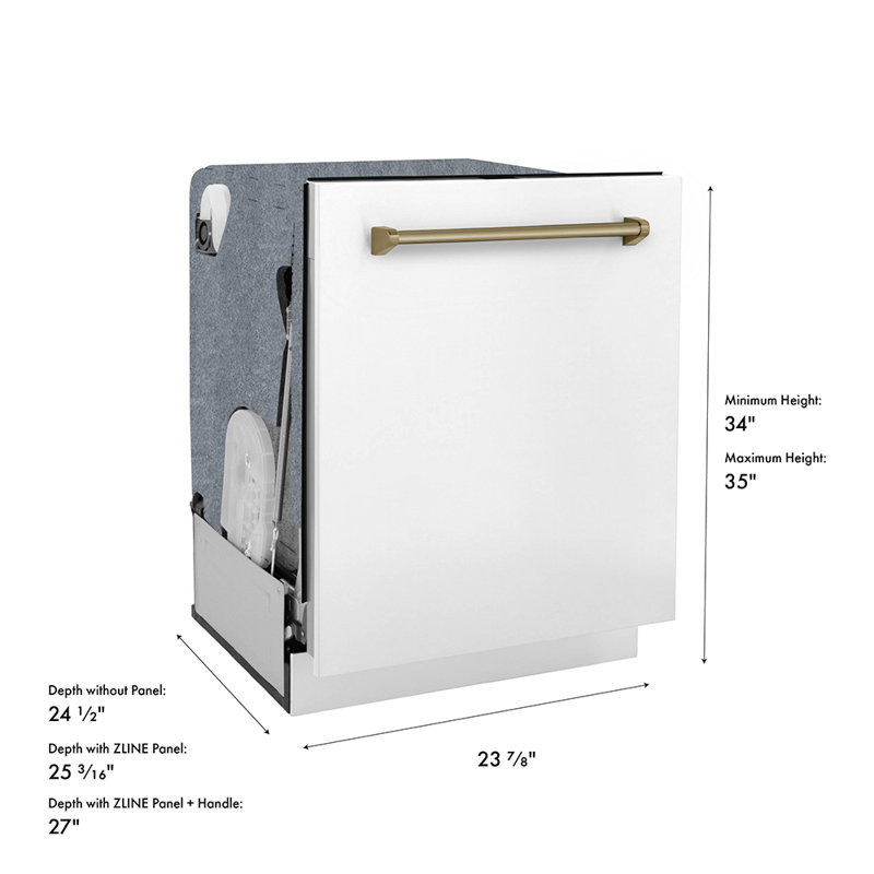 ZLINE Autograph 24 in. 3rd Rack Dishwasher w/ Auto Door Open, 44dBa, White Panel & Bronze Handle, Champagne Bronze