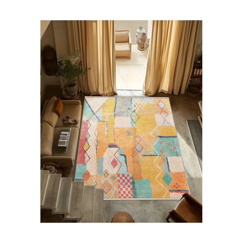 Multicolored Mixed Motif Geometric Patterned Fringed Vintage Decorative Carpet, Runner 2'6" x 9'11"