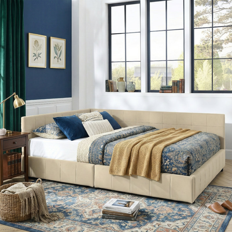 85.5" W Queen Size Upholstered Daybed with 2 Storage Drawers, Tufted Velvet Sofa Bed Frame, Beige, Beige