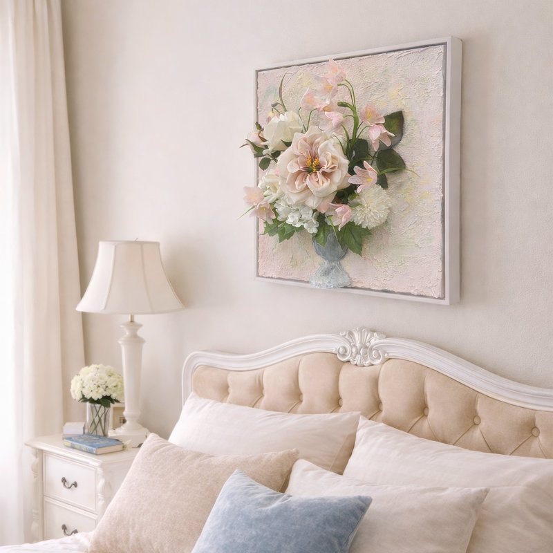 Wall-Mounted 3D Faux Silk Floral Art Wall Accents- Handmade Blush Pink and White Rose Bouquet in Vase Hyper Realistic Botanical Arrangement Romantic Floral Decor for Living Room Bedroom