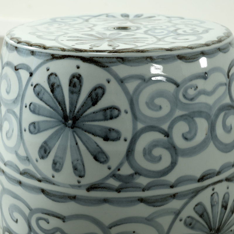 Approx. 17" High Soft Sky Blue Hand-Glazed Ceramic Garden Stool with Flower Motif