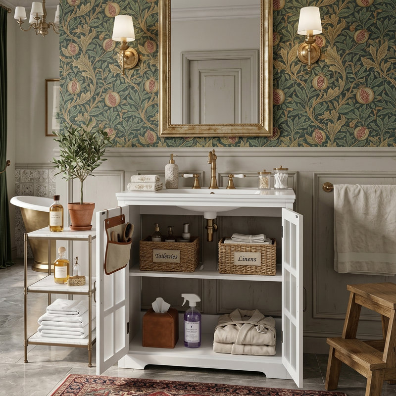 Meuble-lavabo autoportant moderne de 30 po avec lavabo en céramique, armoire autoportante en bois d'hévéa massif et portes en verre flou (blanc)