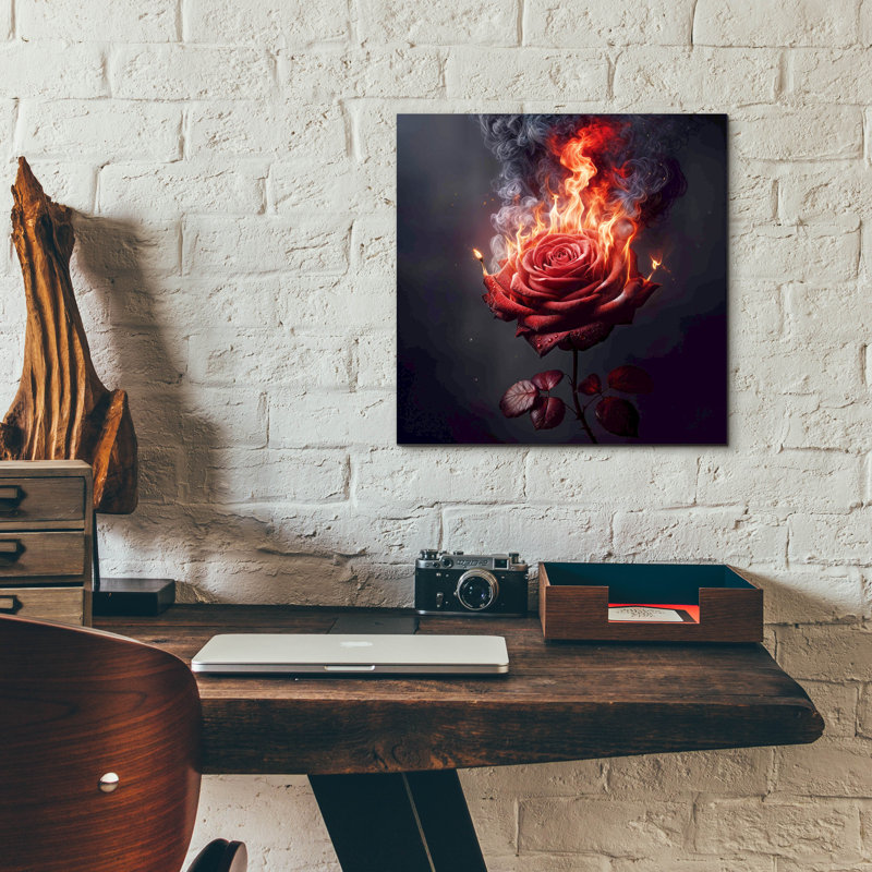 «Red Rose On Fire 1» par Rey Klimt, art mural en verre acrylique, H 24 po x l 24 po x P 0,2 po