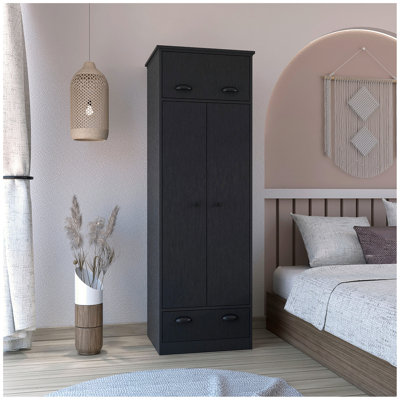 Commode avec rangement supérieur couvert avec 1 porte, 2 tablettes centrales, 1 tube pour suspendre les vêtements couverts par 2 portes, 1 tiroir en bas