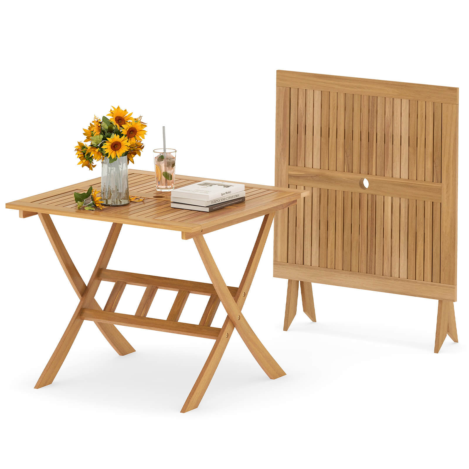 Costway Acacia Wood Folding Table 36” Patio Dining Table with Slatted ...