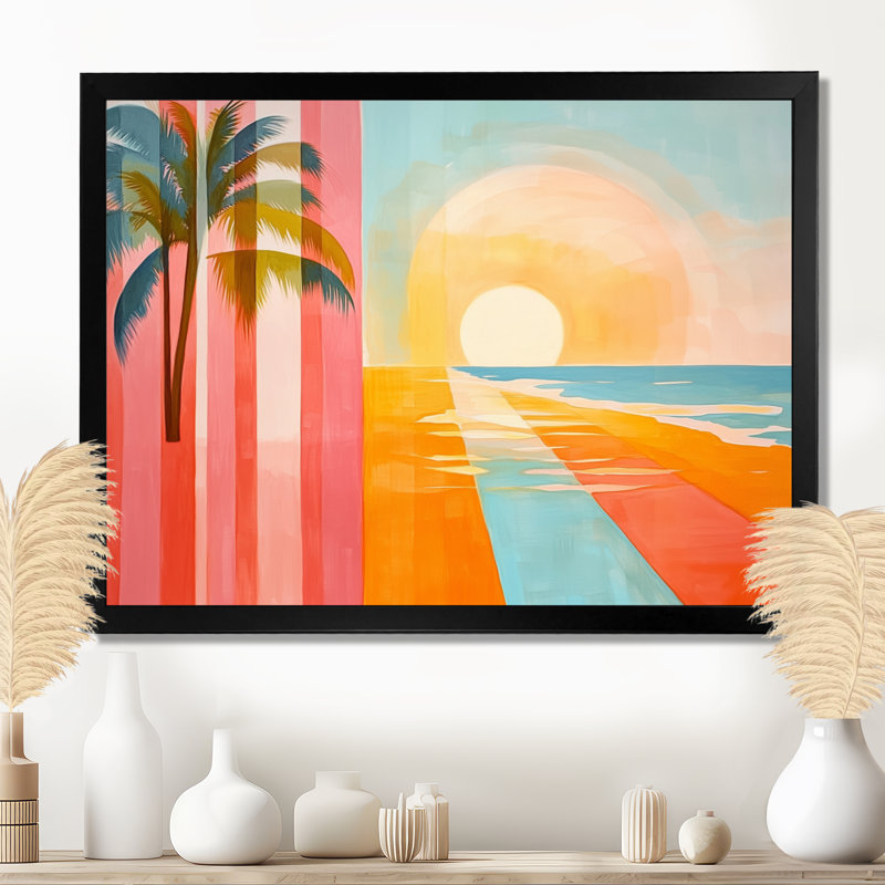 Paradis au coucher du soleil IV - Tableau encadré représentant un paysage tropical orange, H 12 po x l 20 po
