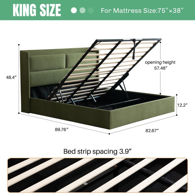 Upholstered Platform Bed with Hydraulic Lift, King, Green