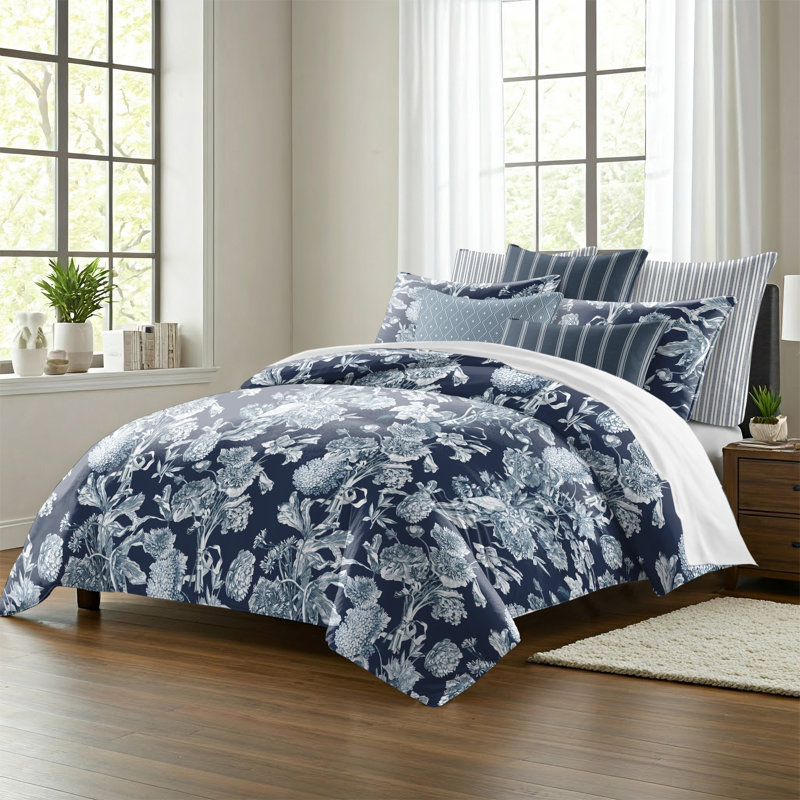 Alexandria Indigo Cotton Duvet Cover Set, King Duvet Cover + 7 Additional Pieces