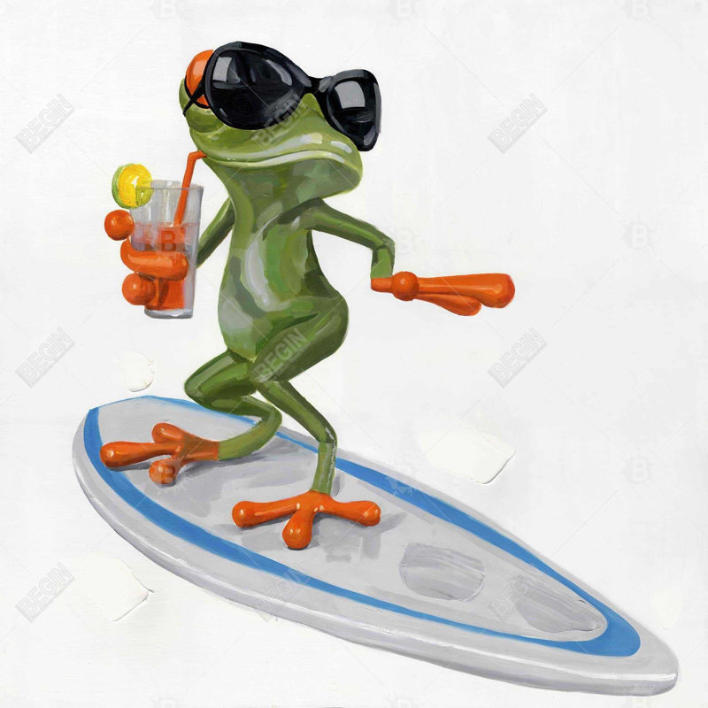 «Funny Frog Surfing Canvas» | Art animalier vert pour la décoration intérieure
