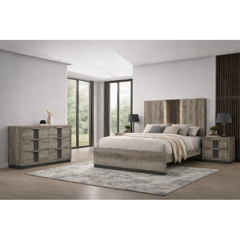 Ensemble de chambre à coucher à panneau moderne avec finition brun clair, 4 pièces, Grand lit