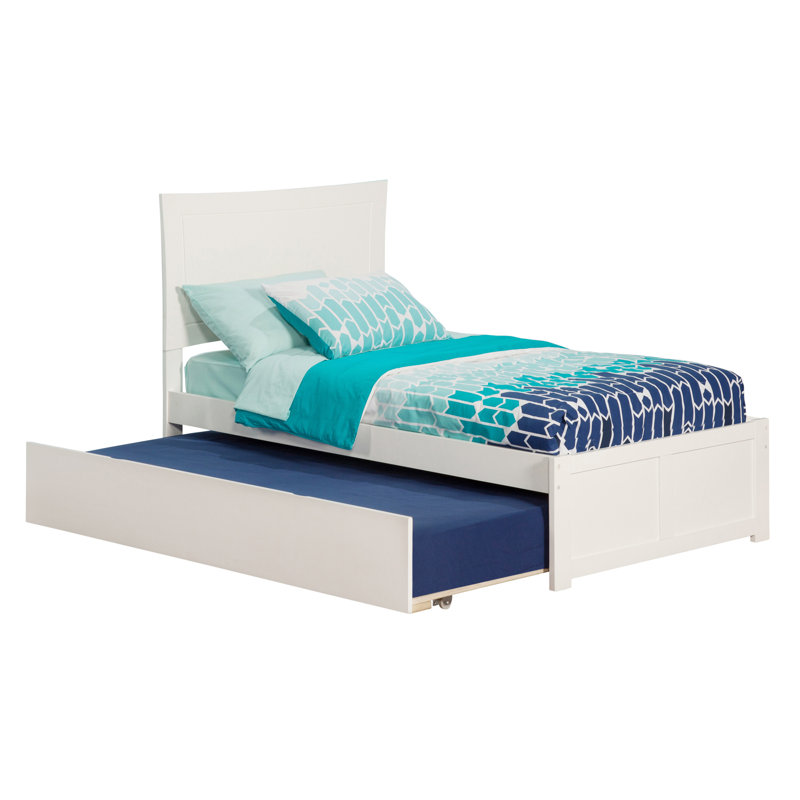 Lit plateforme en bois massif avec pied de lit et gigogne Flagg, Jumeau, Blanc