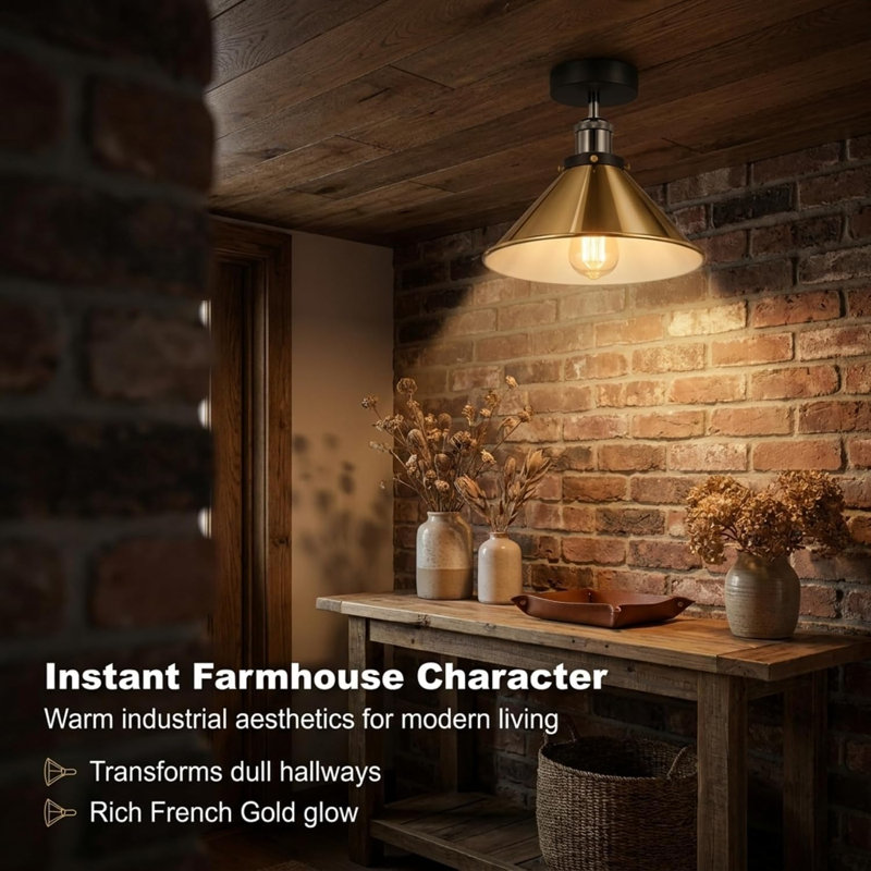 Plafonnier semi-encastré Industrial Farmhouse, plafonnier intérieur à abat-jour conique en métal, base E26, Or français