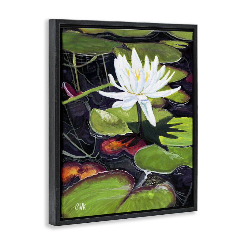 Art mural sur toile Pond Waterlily Surprise Floater, design par Sarah Waldron Kimball, Cadre flottant noir de jais