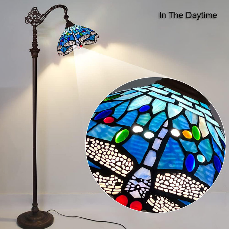 Tiffany Style Floor Lamp With Crystal Blue Dragonfly Design, Handmade Stained Glass Shade, Adjustable Gooseneck, And Stable Resin Base For Living Room, Bedroom, Or Home Office