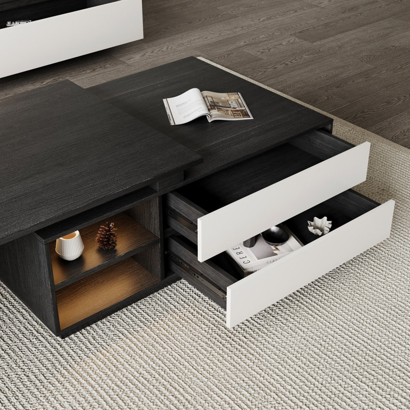 Buckwell Extendable Coffee Table with Sensor LED Lights & Storage Drawers, Black/White