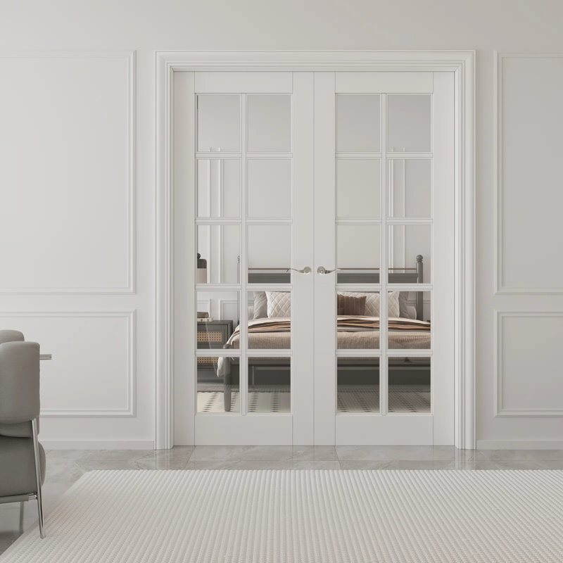 Portes doubles intérieures en bois massif en verre givré 1-Lite, 64 po x 80 po, Quincaillerie argentée