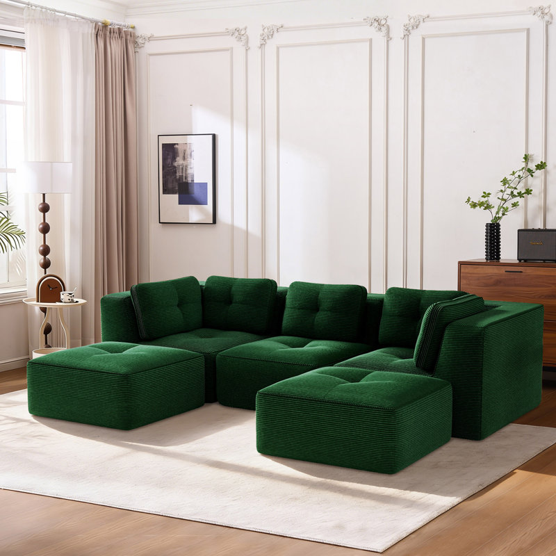 Canapé modulaire en U en velours côtelé 5 pièces avec 2 repose-pieds, conception capitonnée, sans assemblage, Green