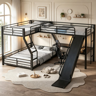 L-Shaped Low Bunk Bed with Desk and USB Charging Port for 3 Kids Teens Adults, Metal Triple Bunk Bed with Slide and Dual Access Ladder, Twin over Full Size, Black