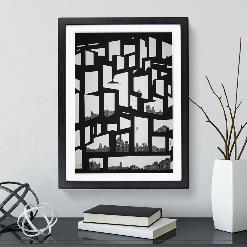 Monochrome City Skyline Abstract No.3 - Wrapped Canvas Print, 64cm H x 46cm W x 2cm D, Black Framed