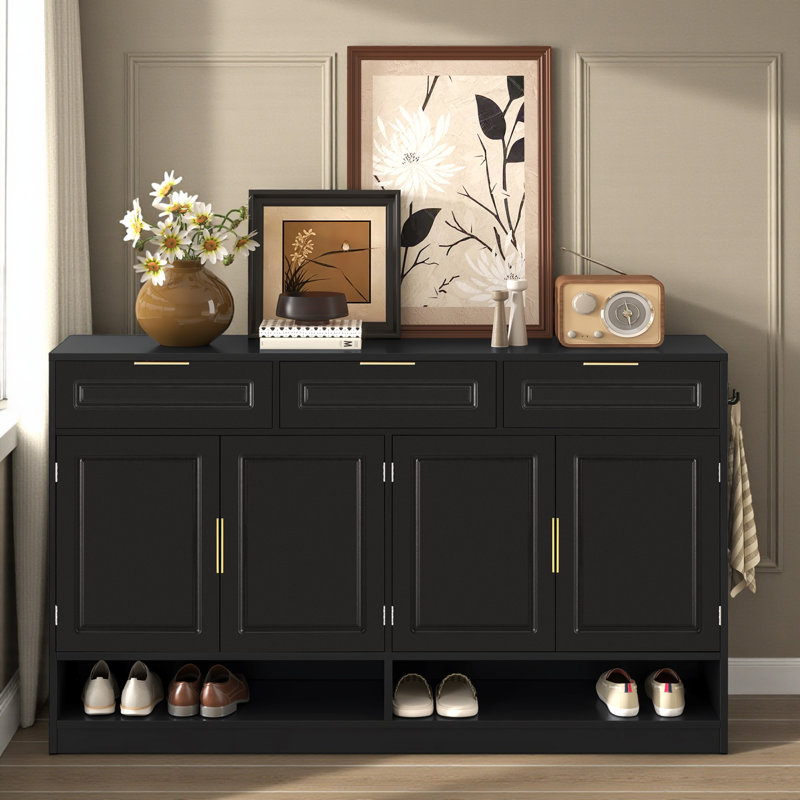 Modern Transitional 3-Drawer 2-Door Storage Cabinet With Open Shelf, White Finish & Gold Handles For Entryway, Living Room, Or Dining Room