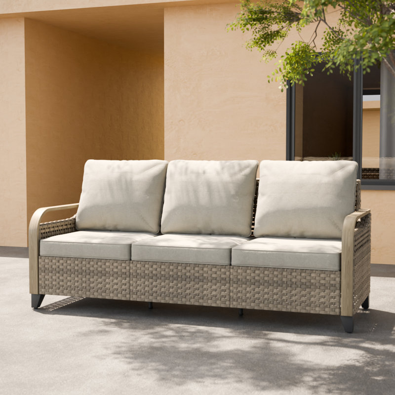 77.6'' Wide Outdoor Loveseat with Cushions, Wicker Outdoor Patio Sofa, Gray