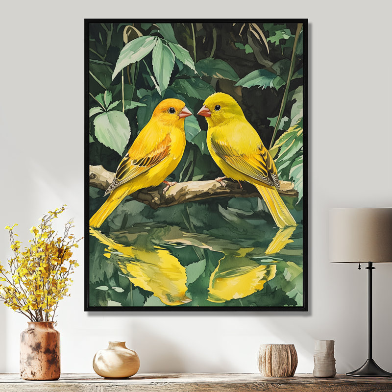 Kleckner Finches Birds By The Farm Pond II - Art mural oiseau pour le salon, Noir, Impression encadrée flottante