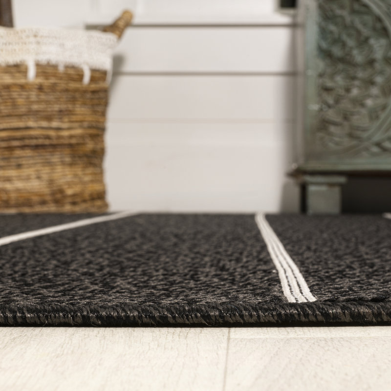 Garnavillo Grid Modern Squares Black/Cream Indoor/Outdoor Rug, Runner 2' x 8'