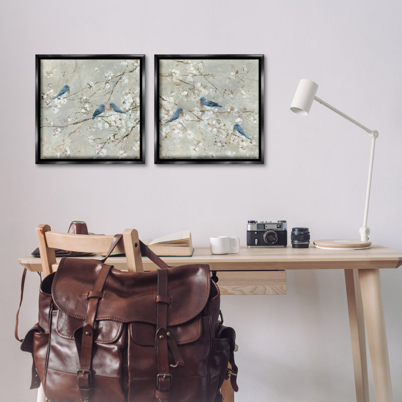 Ensemble de 2 toiles flottantes Blue Birds, Cadre flottant noir de jais, H 18 po x l 18 po