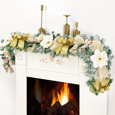 Christmas Garland Decorations, 5.9 FT Luxury Christmas Garland For Mantle, Christmas Flocked Garland With Gold Bows Ribbons Magnolia For Front Door Fireplace Table Home Décor