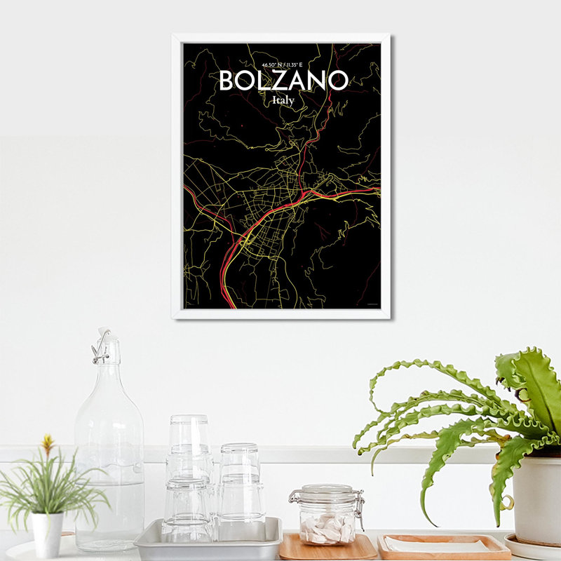 «Bolzano City Map», impression, H 24 po x l 18 po x P 0,05 po, Noir / rouge / jaune