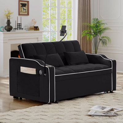Fauteuil inclinable polyvalent à double siège pliable, canapé-lit confortable en velours avec poches latérales, port USB, support pour téléphone pivotant, cendrier et dossier réglable