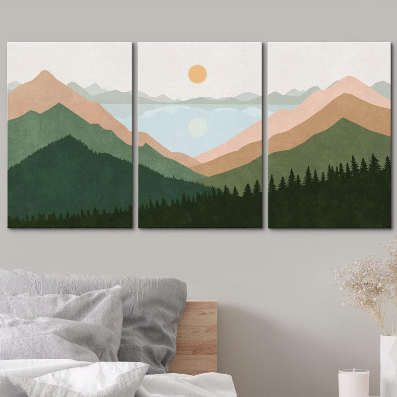«Minimal Mountain Skyline Horizon» sur toile, ensemble de 3 pièces, H 24 po x l 48 po x P 1,5 po, Toile tendue
