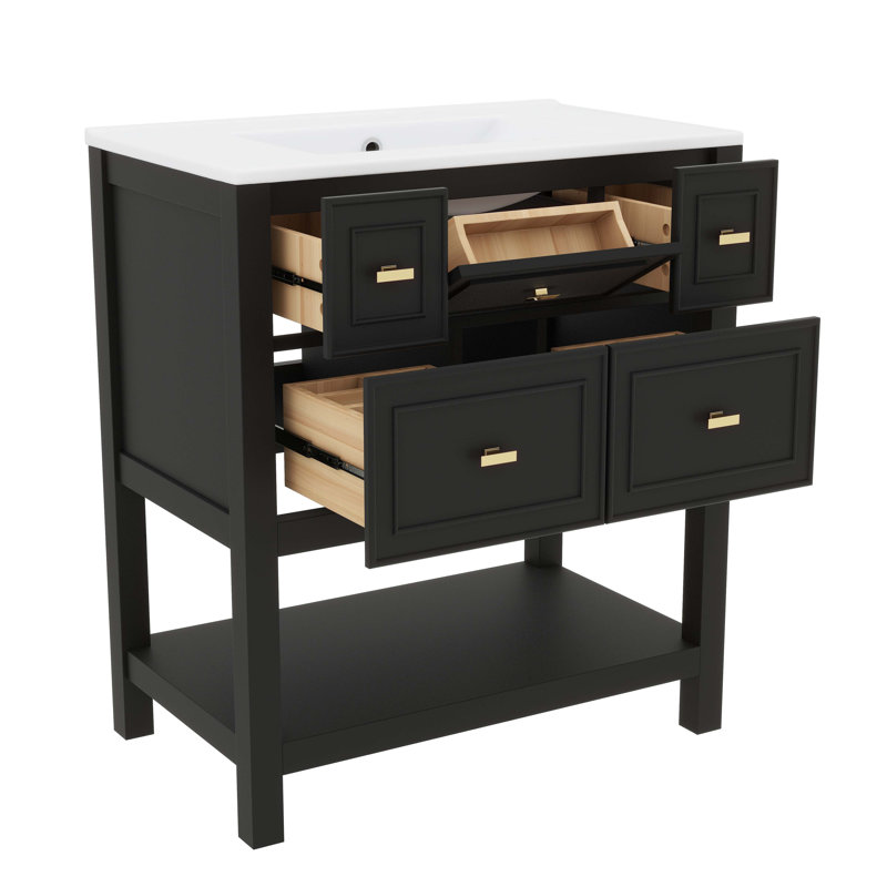 Ensemble de meuble-lavabo 30 po avec lavabo en céramique, unité simple autoportante avec 5 tiroirs, Noir