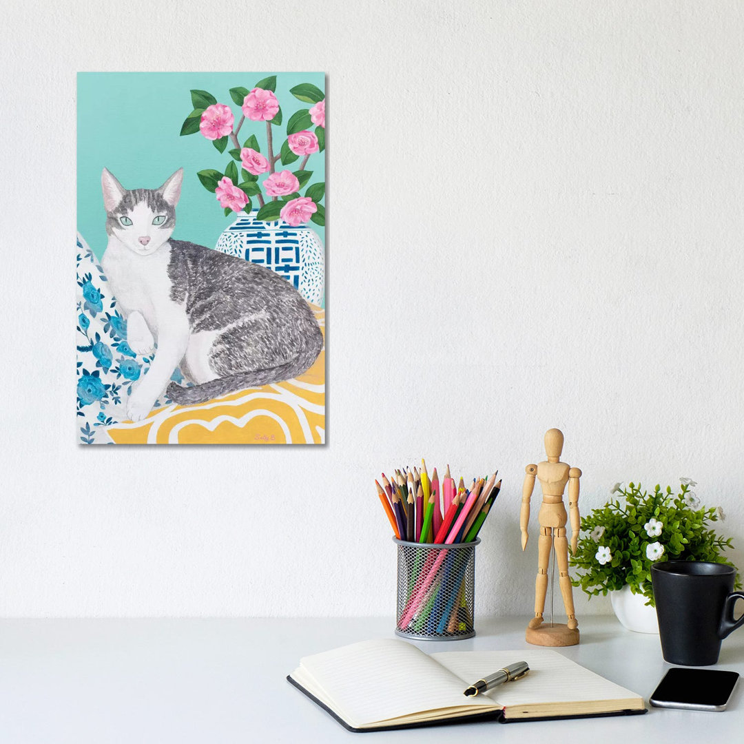 Cat with Cushions and Chinoiserie Vase by Sally B - Graphic Art Print on Canvas