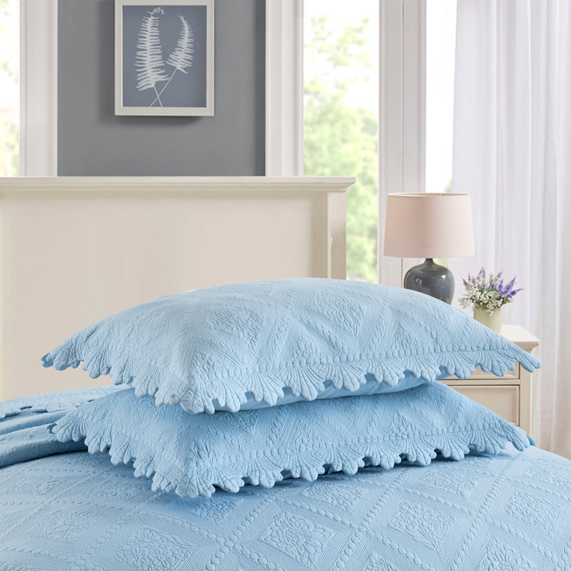 Light Blue Cotton Queen Reversible Bedspread Set
