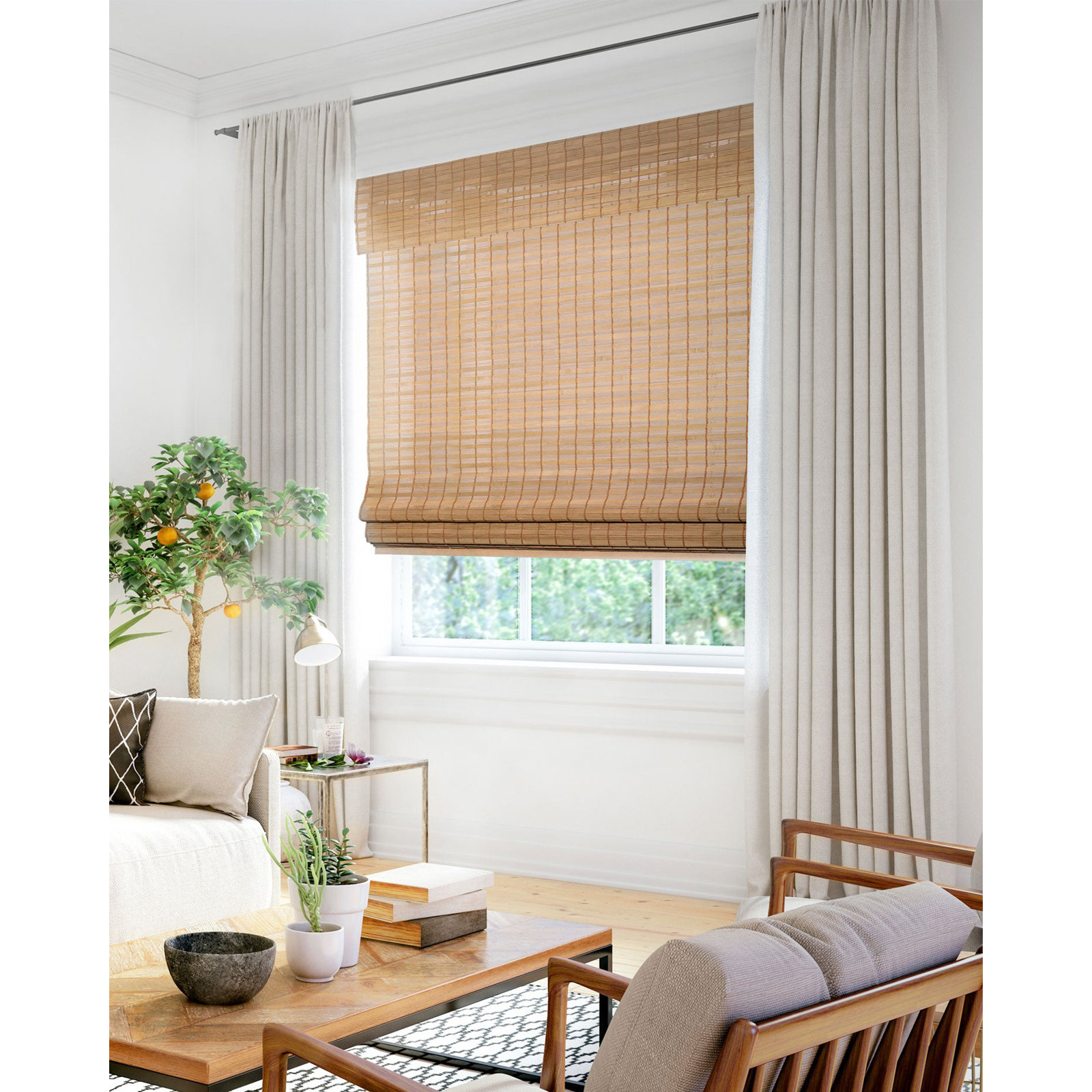 Cordless Light Filtering Woven Wood Bamboo Roman Shade with Valance, 23"W x 64"L, Squirrel