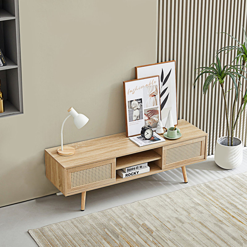 Rattan Tv Cabinet With Variable Color Light Strip, Double Sliding Doors, Tv Console, Natural