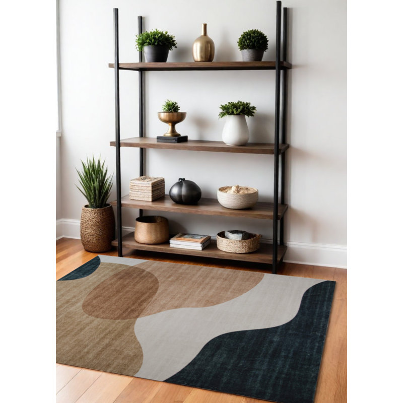 4' X 6' Beige and Green Abstract Distressed Area Rug