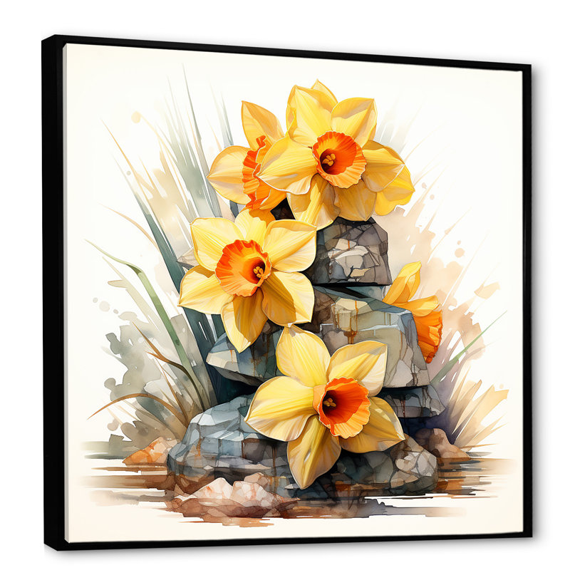 Jaune jonquille Gardn Beauty II - Jonquille, art mural, Cadre flottant noir, H 16 po x l 16 po x P 1 po