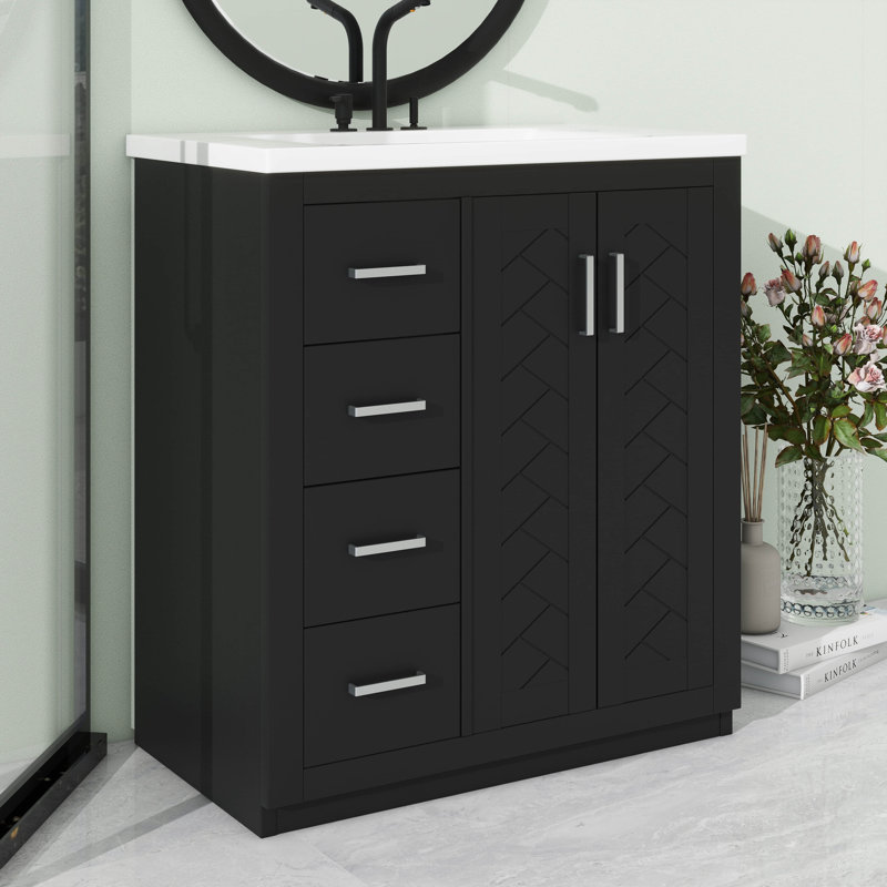 Armoire de meuble-lavabo sur pied moderne simple 30 po avec 3 tiroirs pour le rangement, Noir