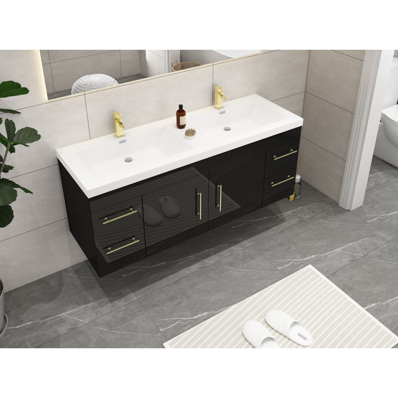 Meuble-lavabo mural double 59 po Romer, Noir, Or