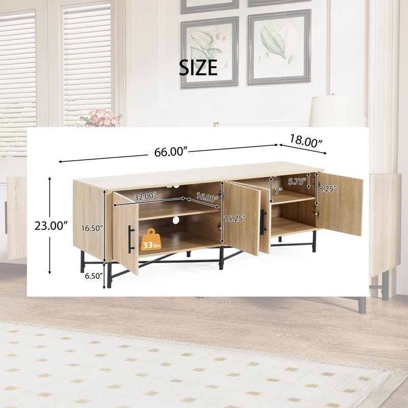 Meuble télé 66 pouces de large pour téléviseur de 65 po ou moins, console multimédia moderne à 4 portes avec tablettes réglables et pieds en métal