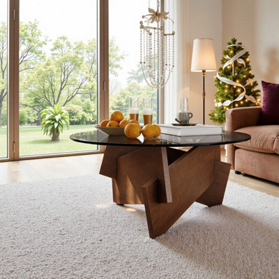 Round Coffee Table, 35.4" Tempered Glass Top With Solid Wood Veneer Base