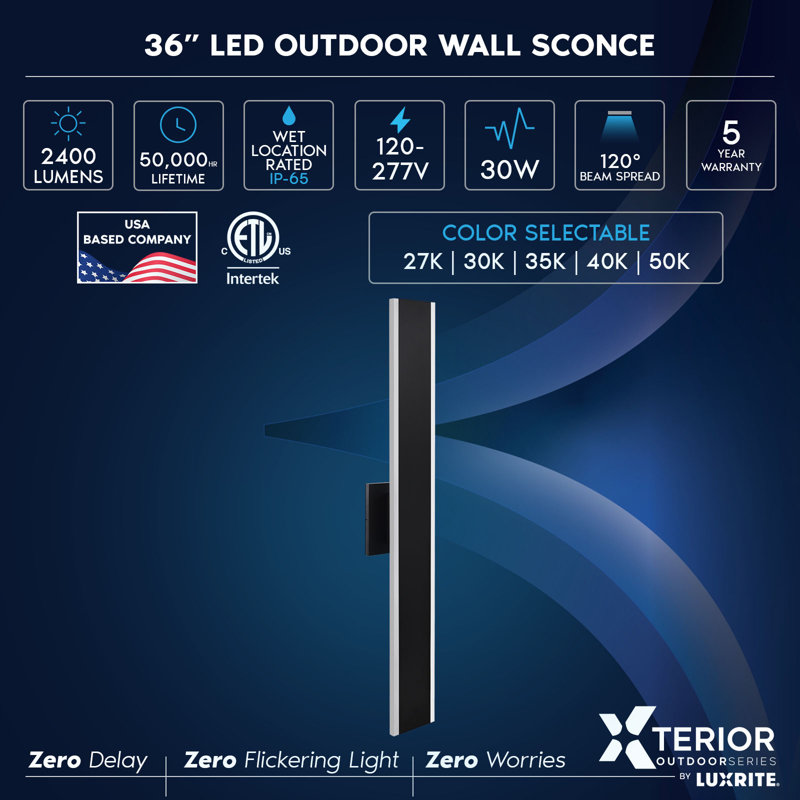 Applique murale d'extérieur à DEL, 2400 lumens, 5CCT, IRC à intensité variable, angle de 120 °, ETL, noir - Luminaire d'extérieur moderne