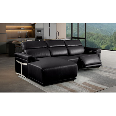 Canapé modulaire 3 pièces en forme de L noir en cuir italien de première qualité avec 1 fauteuil inclinable électrique et appuis-tête réglables noirs