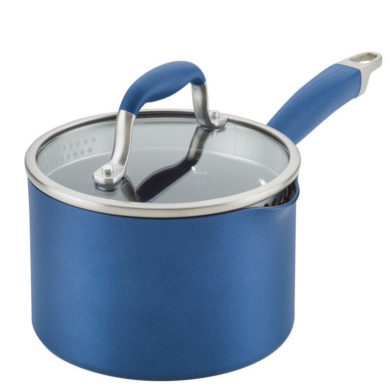 Anolon Advanced Home Hard Anodized Nonstick Saucepan With Straining Lid, 2 Quart, Blue