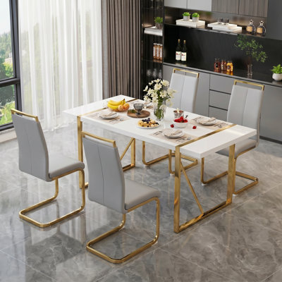 5-Piece Modern Rectangular Faux Marble Dining Set with Cantilever Chairs
