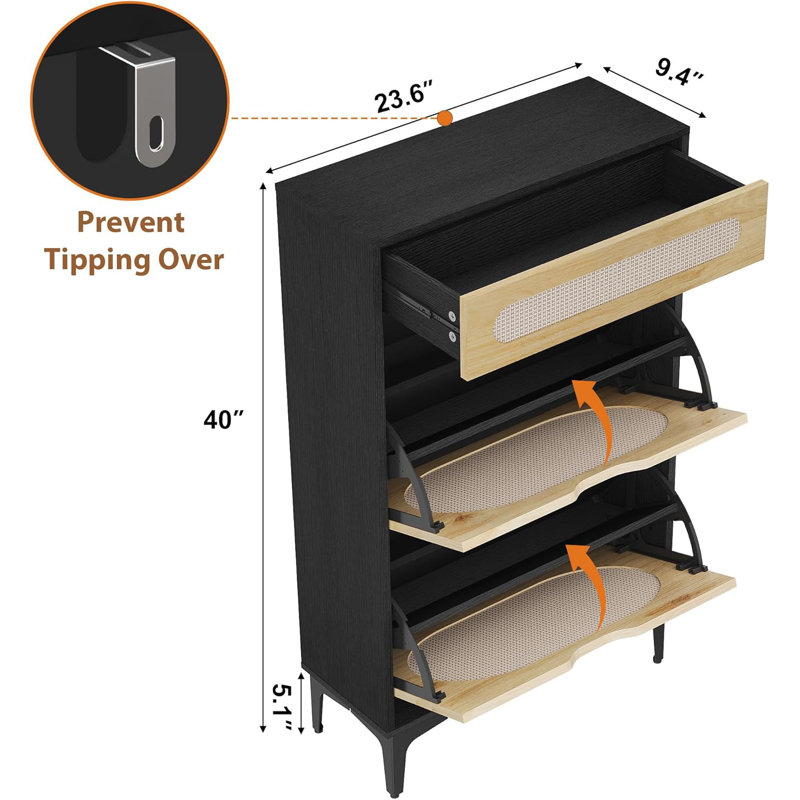 Rattan Shoe Cabinet With 2 Flip Drawers And 1 Pull-Out Drawer, Free Stand Shoe Storage Cabinet, 3-Position Adjustable Shelf, Narrow Shoe Cabinet For Entryway/Porch