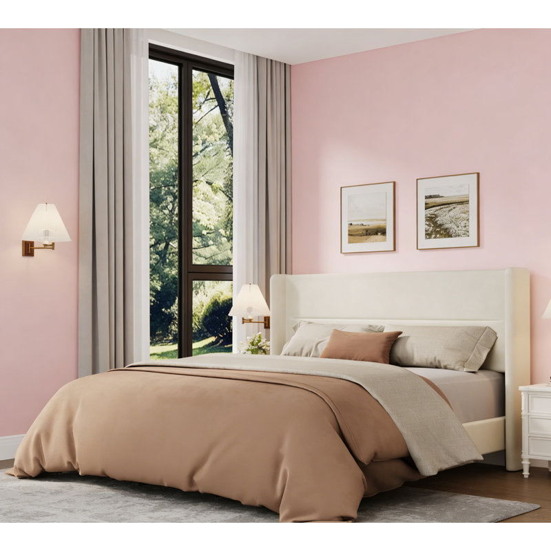 Lit plateforme tapissier en velours, Beige, Grand lit
