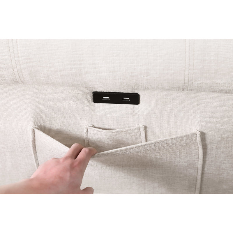 Beige Chenille Sectional With Reversible Sleeper And Ports , Functional Storage Chaise